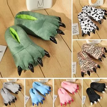 Зимние хлопковые тапочки с изображением лапы динозавра и тигра, мультяшная пара, теплая обувь на каблуке для мужчин и женщин, домашняя детская обувь с изображением монстров 27-33