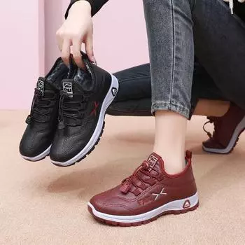 Зимние хлопковые туфли женские кожаные водонепроницаемые туфли из хлопка плюс бархат утолщенные прогулочные туфли нескользящие теплые женские 41 чёрный