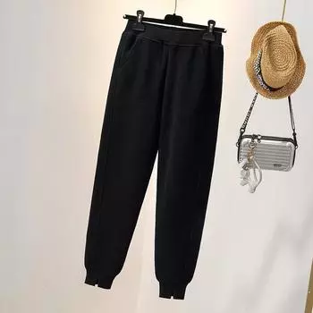 Зимние и осенние женские брюки больших размеров, флисовые брюки, эластичные брюки с высокой талией, утолщенные свободные повседневные женские брюки, брюки больших размеров XXXXL чёрный