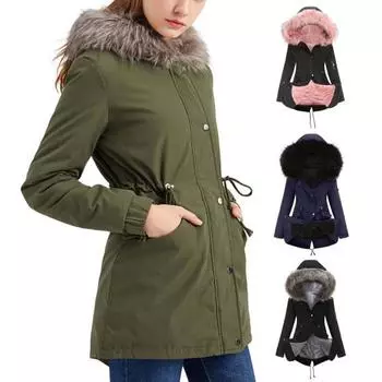 Зимние искусственные карманы с длинными рукавами, молнии, пуговицы, застежка на талии, женское пальто с меховым капюшоном, флисовое пальто