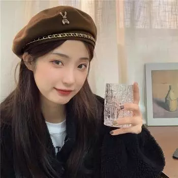 Зимние каштановые пельмени~ милый прохладный берет с металлической цепочкой женский осенне-зимний плоский верх ретро модный мужской M56-58cm