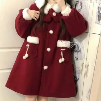 Зимние кавайные красные шерстяные пальто женские свободные японские милые лолиты верхняя одежда куртка женские корейские карманы теплое пальто с бантом S красный
