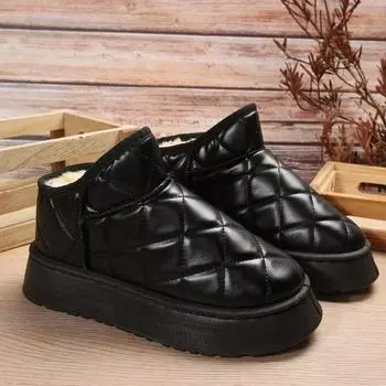 Зимние классические женские ботинки на щиколотке 2024 года, теплые, с круглым носком, на плоской подошве, без застежек 35 чёрный