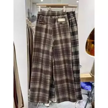 Зимние клетчатые брюки INS Thicken Plush, темно-коричневые, элегантные, винтажные, широкие брюки, повседневные брюки с высокой талией, полная длина, универсальные S коричневый