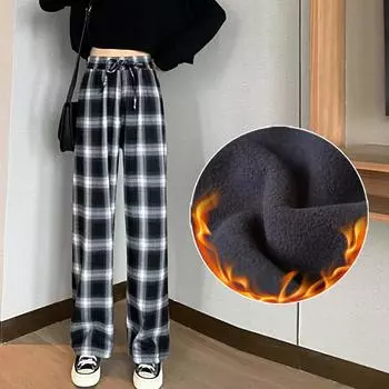 Зимние клетчатые брюки Широкие брюки Женские новые мягкие брюки с высокой талией Повседневные брюки S чёрный
