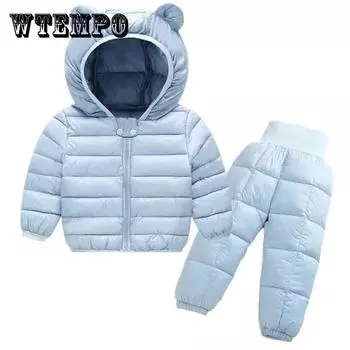Зимние комплекты детской одежды, теплые пуховики с капюшоном для маленьких мальчиков, штаны, комплекты одежды, зимний комбинезон для маленьких девочек и мальчиков, пальто 80cm синий