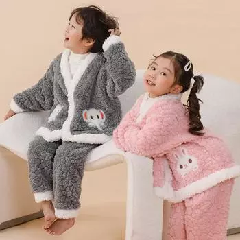 Зимние комплекты для мальчиков и девочек, детские утепленные мягкие костюмы с героями мультфильмов, подростковая пижама с подкладкой + штаны, комплект из 2 предметов, детская одежда из бархата 90 синий