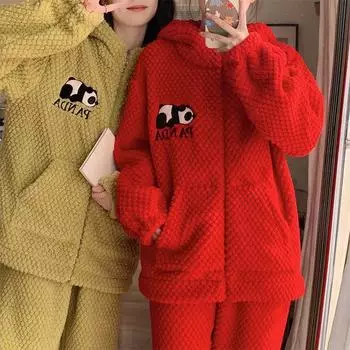 Зимние комплекты из 2 предметов, флисовый комплект из двух предметов с изображением панды, пижамный топ и брючный костюм, костюм с капюшоном на молнии, толстая теплая ночная одежда для сна M EU34 US2 RU42 зелёный