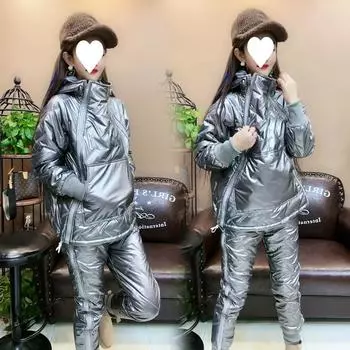 Зимние комплекты из двух предметов из блестящего хлопкового пуха с капюшоном, повседневные утепленные водонепроницаемые толстовки, спортивные штаны с высокой талией S серебряный
