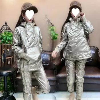 Зимние комплекты из двух предметов из блестящего хлопкового пуха с капюшоном, повседневные утепленные водонепроницаемые толстовки, спортивные штаны с высокой талией S чёрный