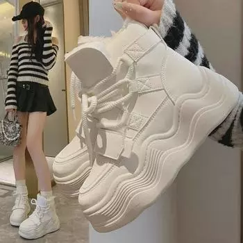 Зимние корейские белые кроссовки на платформе для женщин 2024 года - Plus Velvet, толстая подошва, повседневные, с увеличением высоты, M118 38 бежевый