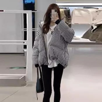 Зимние корейские свободные женские утепленные пальто в клетку, куртки One Size чёрный