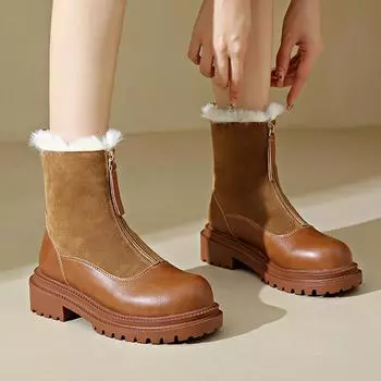 Зимние короткие плюшевые женские зимние сапоги Модные короткие кожаные плюшевые женские зимние сапоги Челси на платформе Повседневные женские ботильоны 35 чёрный