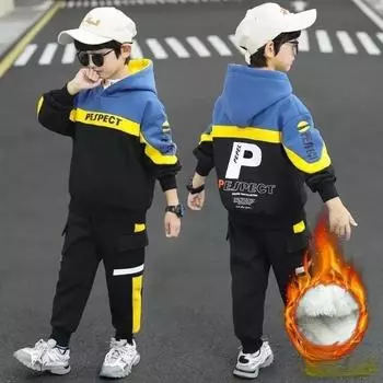 Зимние костюмы для мальчиков с утолщенным бархатом в стиле вестерн для мальчиков, детские свитера для больших детей 160 синий