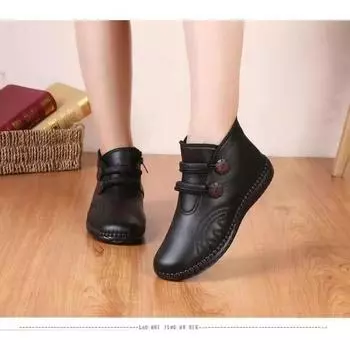 Зимние кожаные ботинки, женские хлопковые ботинки, плюс бархат, утепленные, с плоской подошвой, нескользящие хлопковые ботинки, короткие ботинки, женские 35 чёрный
