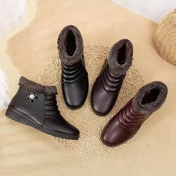 Зимние кожаные ботинки Женские хлопковые ботинки Утепленные теплые туфли для мам с плоской подошвой Нескользящие хлопковые ботинки для бабушек среднего возраста 35 красный
