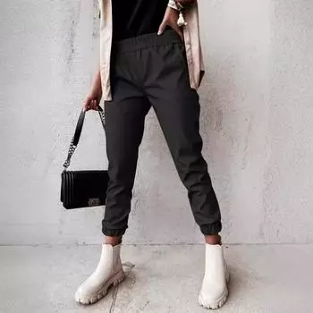 Зимние кожаные брюки, модные длинные повседневные брюки со средней посадкой для женщин S хаки