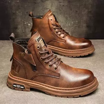 Зимние кожаные мужские ботинки, высокие повседневные уличные ботинки для мужчин, теплые мотоциклетные ботинки, роскошные брендовые дизайнерские рабочие ботильоны 39 чёрный