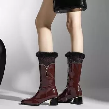 Зимние кожаные сапоги до середины голени с отделкой кристаллами, молния на среднем толстом каблуке с круглым носком, уличные повседневные сапоги для вечеринок для женщин 35 чёрный