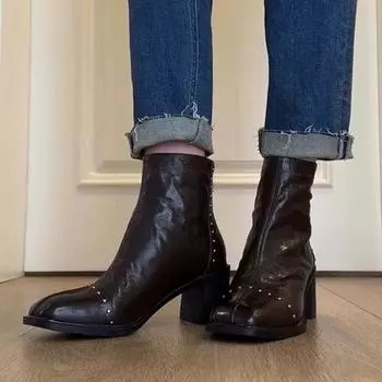 Зимние кожаные женские ботильоны на толстой подошве, дизайнерская мода, элегантные туфли на среднем каблуке, трендовые дизайнерские туфли в готическом стиле Botas De Mujer 35
