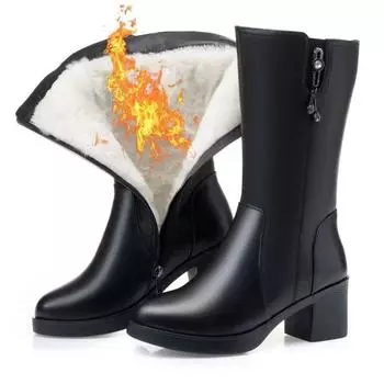 Зимние кожаные женские зимние сапоги из толстой шерсти теплые женские сапоги на высоком каблуке высококачественные женские зимние сапоги женская обувь 35