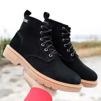 Зимние кожаные зимние ботинки, бархатные термальные мужские ботинки, британские ботинки Martin, короткие ботинки, женская обувь для активного отдыха из хлопка, шерстяные рабочие ботинки 34 жёлтый