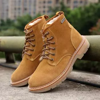 Зимние кожаные зимние ботинки, бархатные термо ботинки, мужские ботинки, британские ботинки Martin, короткие ботинки, модная женская обувь из хлопка, шерстяные ботинки Tooling 34 жёлтый