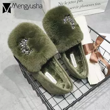 Зимние кристальные пшеничные туфли женские новые женские пушистые меховые туфли на плоской подошве мягкие теплые плюшевые мокасины слипоны криперы женские 5 чёрный