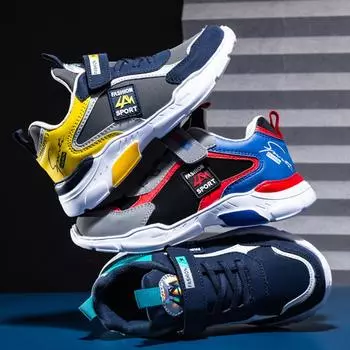 Зимние кроссовки для мальчиков. Детская легкая повседневная обувь. Кожаные кроссовки для больших мальчиков. 28 синий/жёлтый