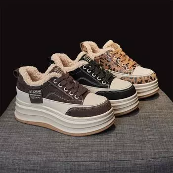 Зимние кроссовки на толстой платформе для женщин, теплые нескользящие прогулочные туфли на шнуровке с подкладкой из искусственного меха, женские теннисные кроссовки из искусственной кожи с флисовой подкладкой 34