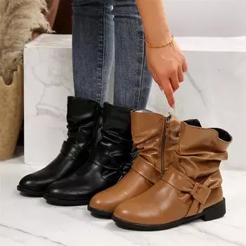 Зимние круглые носки квадратный каблук удобные молнии сексуальные складчатые модные короткие сапоги новые элегантные повседневные бархатные теплые женские туфли 39