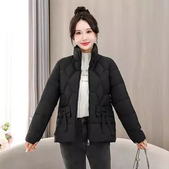 Зимние куртки для женщин, новая мода на молнии больших размеров, толстые теплые короткие парки, женские стеганые пальто с воротником-стойкой в корейском стиле L чёрный