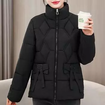 Зимние куртки для женщин, новая мода на молнии больших размеров, толстые теплые короткие парки, женские стеганые пальто с воротником-стойкой в корейском стиле L чёрный