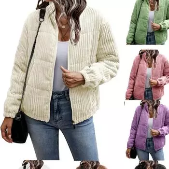 Зимние куртки, пальто для женщин, вельветовые стеганые куртки, теплые длинные рукава, воротник-стойка, карманы, пальто на молнии S чёрный