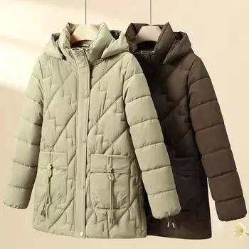 Зимние куртки Женская верхняя одежда с капюшоном Элегантные свободные толстые теплые короткие парки Пальто для женщин среднего возраста XL чёрный