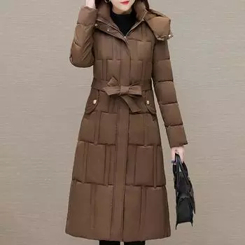 Зимние куртки женские длинные парки с капюшоном элегантные толстые теплые верхняя одежда женские куртки с поясом M чёрный