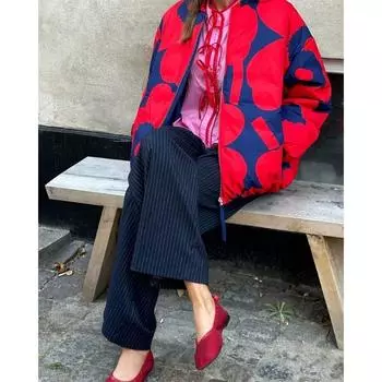 Зимние куртки женские ретро принтованные молнии толстые куртки женские повседневные свободные хлопковые верхние одежды модная женская одежда S красный