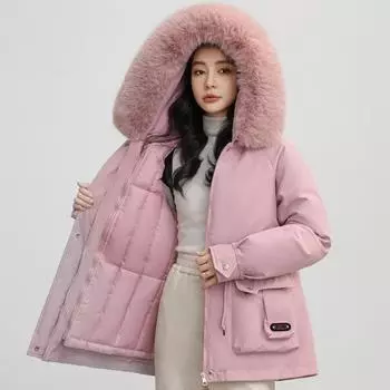 Зимние куртки женские теплые верхняя одежда больших размеров модные меховые воротники толстые женские парки с капюшоном M серый