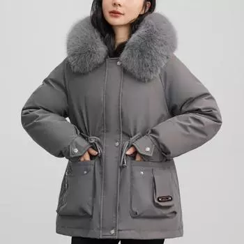 Зимние куртки женские теплые верхняя одежда больших размеров модные меховые воротники толстые женские парки с капюшоном M серый