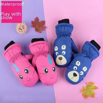 Зимние лыжные перчатки с мультяшным принтом для детей 3-10 лет: Мягкий, утолщенный хлопок, теплый, ветрозащитный, водонепроницаемый. One Size
