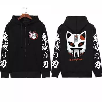 Зимние маски убийцы демонов Harajuku унисекс толстовки Kamado Tanjirou крутые маски с мультяшным принтом теплые мужские и женские толстовки на молнии S чёрный