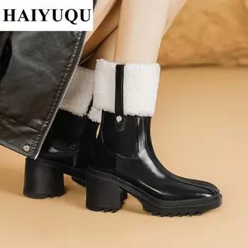 Зимние меховые ботильоны женские плюшевые хлопковые туфли трендовые зимние сапоги на платформе пушистые элегантные высокие каблуки новые нескользящие ботинки женские 35