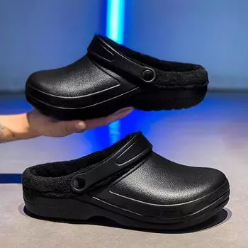 Зимние меховые мужские тапочки, модные тапочки для сада, мягкие, пушистые, нескользящие, водонепроницаемые мужские тапочки 36 чёрный