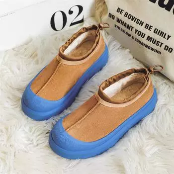 Зимние меховые сапоги 2023 года: Толстая подошва, бархатная подкладка, унисекс-стиль для пар, увеличенная высота, теплый хлопок коричневый/синий