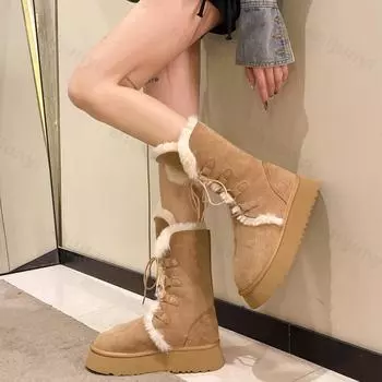 Зимние меховые сапоги Зимние сапоги Женские пушистые меховые сапоги из искусственного меха Ботинки средней длины Модные высокие сапоги на шнуровке на платформе 38