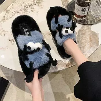 Зимние меховые тапочки с открытым носком, женские, милые, пушистые, с рисунком из мультфильмов, домашние тапочки, шлепанцы для дома, на платформе, женские туфли 35 белый