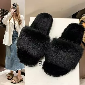 Зимние меховые тапочки женские 2024 плоские тапочки из натурального меха норки теплые мягкие домашние женские меховые тапочки роскошная дизайнерская женская обувь 35 бежевый