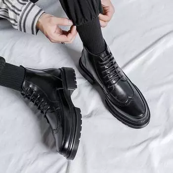 Зимние меховые теплые ботинки из натуральной кожи в британском стиле, мужские удобные модные универсальные деловые туфли для свиданий, формальные вечерние ботинки 38 чёрный