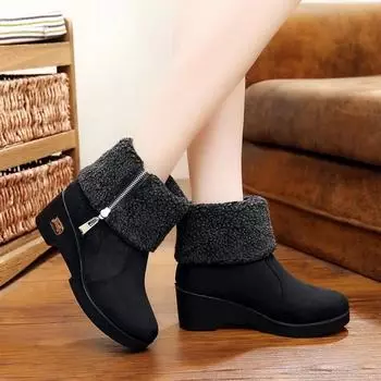 Зимние меховые теплые зимние сапоги женские с боковой молнией из флока ботильоны для женщин танкетка удобные сохраняющие тепло ботинки на платформе Botines 35