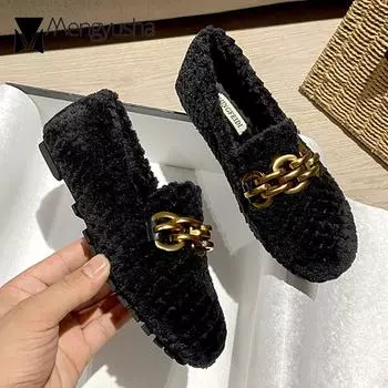 Зимние меховые туфли женские брендовые дизайнерские металлические цепи балетки теплые удобные мокасины без застежек женские лоферы из овечьей шерсти флисовые туфли 5 хаки